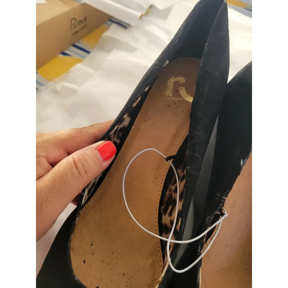 Report Womens Black Wedge Pumps Leopard Print Lining Almond Toe Heels